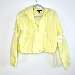 Forever 21 White Striped Hooded Windbreaker Yellow Light Wash Cropped Jacket